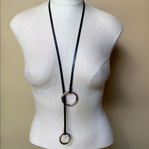 🔆Double Ring Long  Leather and Silver Necklace